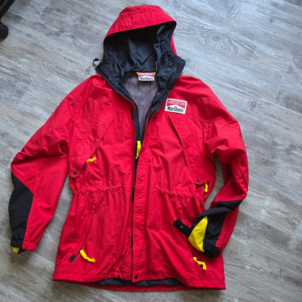 Marlboro Adventure Team Jacket Mens L Red Nylon Vintage 2-Way Zip Hooded Parka